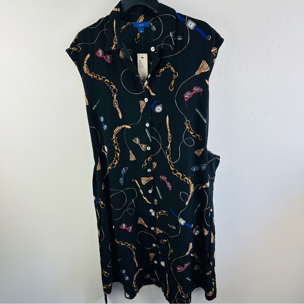 Apt 9 Black Fashion Accessories Pattern Belted Shirt Dress Size M